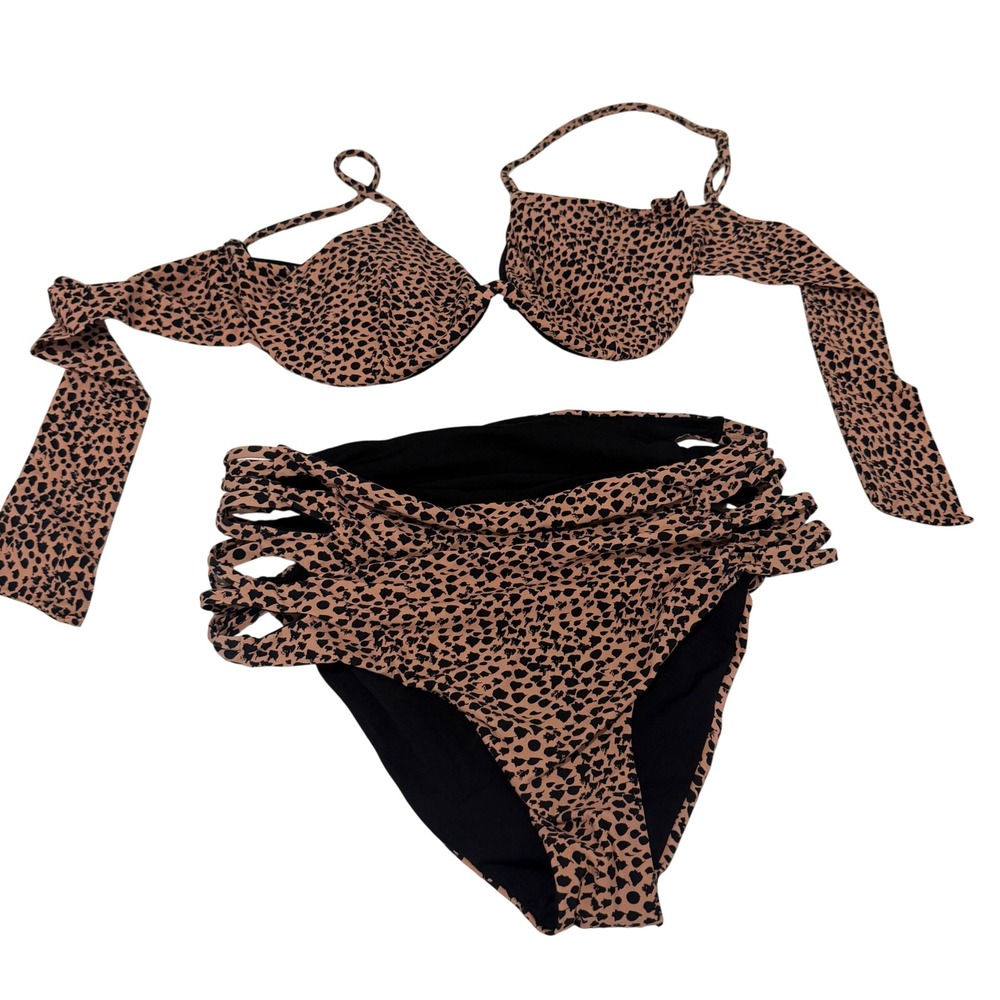 Malai Swimwear Leopard Print Bikini Set High Waist Cutout Strappy Tan Black L
